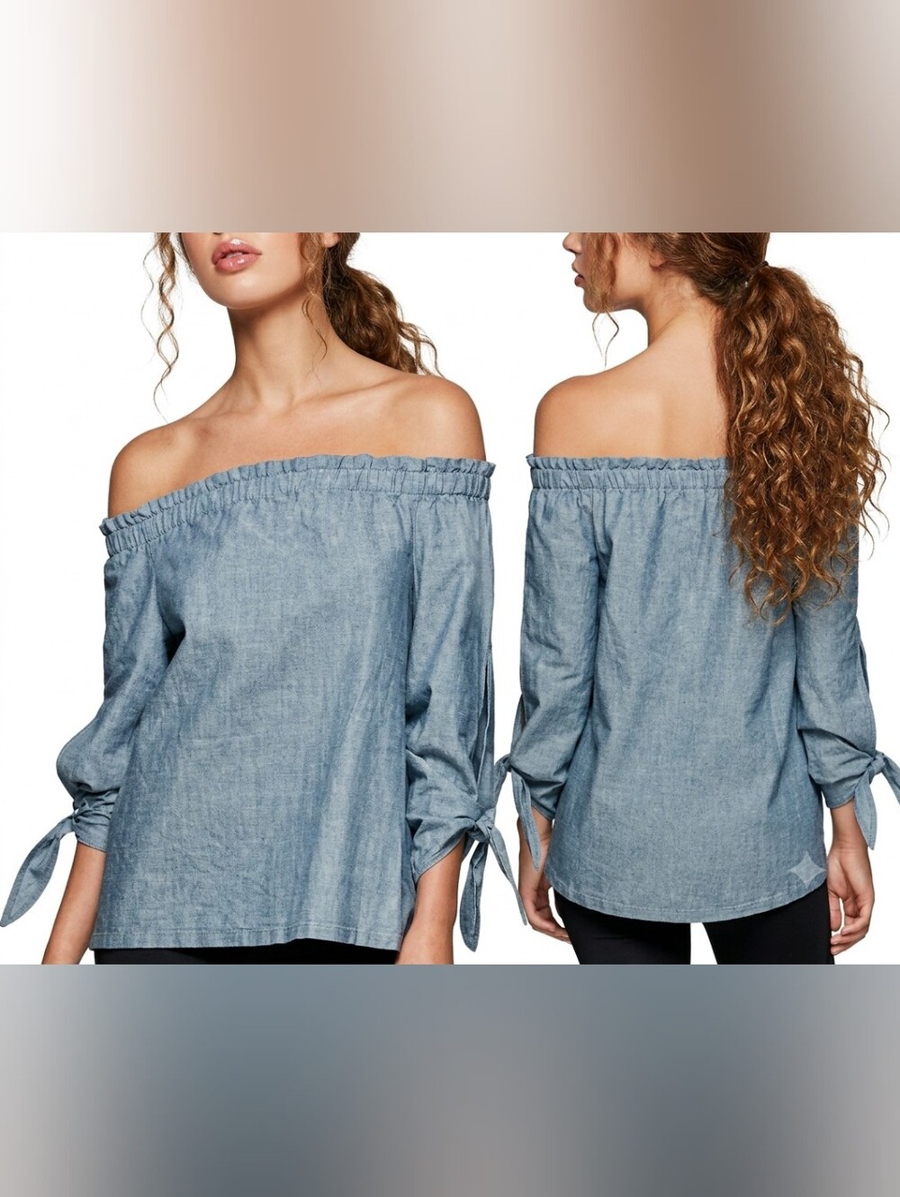 NWT Lorna Jane Off-the-Shoulder Tie-Sleeve Linen Blend Top UNIQUELY Heathered